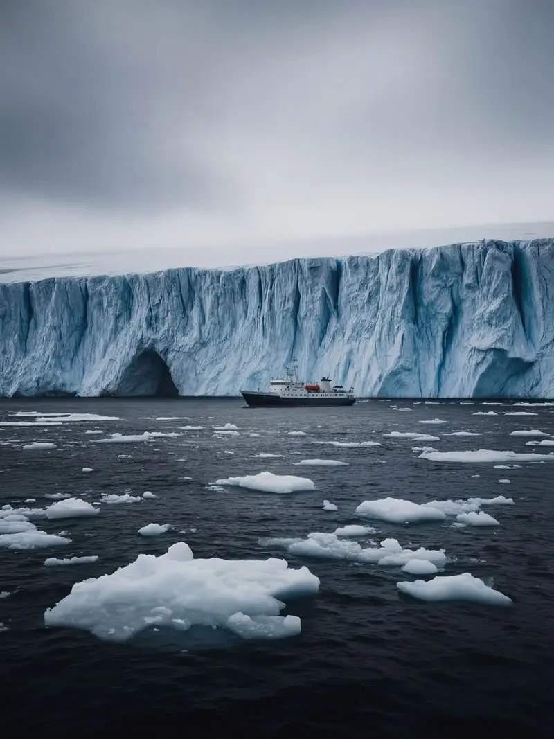 Expedition ship sailing near massive glacier wall with floating ice in the Southern Ocean at South Georgia, photographed by wildlife and nature photographer Christian Hartmann.