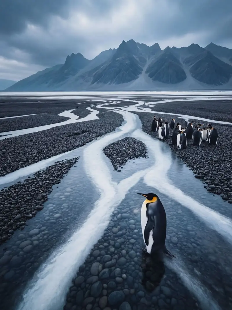 King penguin standing in winding glacial meltwater stream with colony in background and dramatic mountains in South Georgia, photographed by wildlife photographer Christian Hartmann in the Southern Ocean.