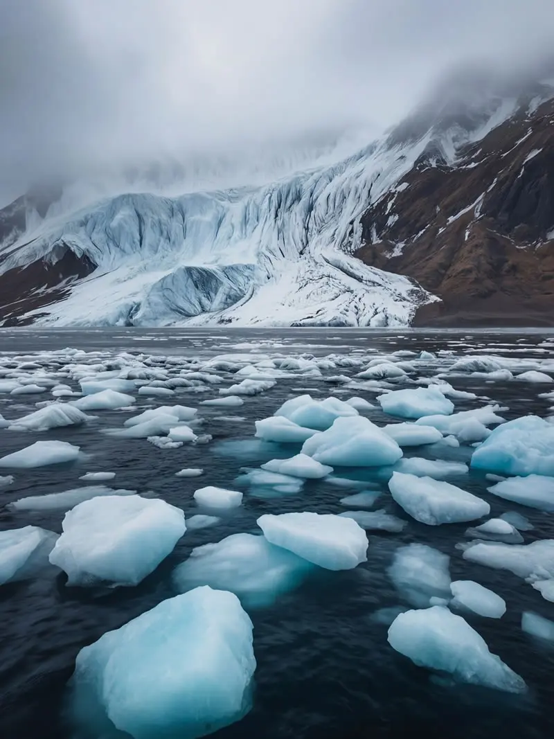 Floating glacier ice pieces in cold ocean water beneath massive glacier and mountains in South Georgia, photographed by nature and wildlife photographer Christian Hartmann in the Southern Ocean polar wilderness.