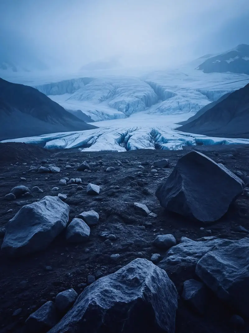 Massive glacier flowing through rugged mountains and rocky foreground landscape in South Georgia, photographed by wildlife and nature photographer Christian Hartmann in the Southern Ocean polar region.