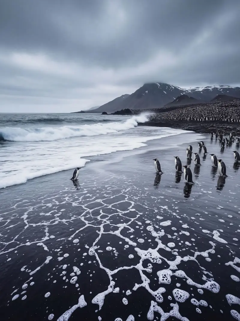 King penguins standing along black sand beach with ocean waves and mountains in South Georgia, photographed by wildlife photographer Christian Hartmann in the Southern Ocean polar environment.