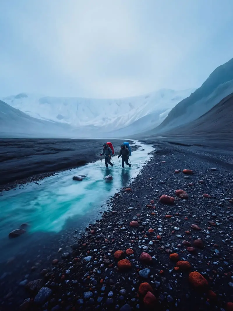 Two explorers hiking and crossing turquoise glacial meltwater stream in South Georgia with snowy mountains and dark volcanic landscape, photographed by nature and wildlife photographer Christian Hartmann in the Southern Ocean polar region.
