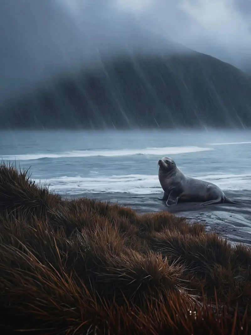 Antarctic fur seal resting on rocky beach with rain and dramatic mountains in South Georgia, photographed by wildlife photographer Christian Hartmann in the Southern Ocean polar wilderness.