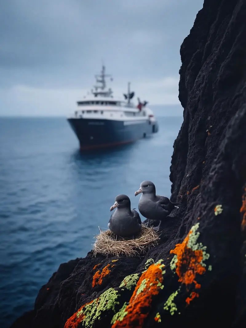 Seabirds nesting on rocky cliff with expedition ship in background in South Georgia, photographed by wildlife photographer Christian Hartmann showing remote Southern Ocean seabird habitat.