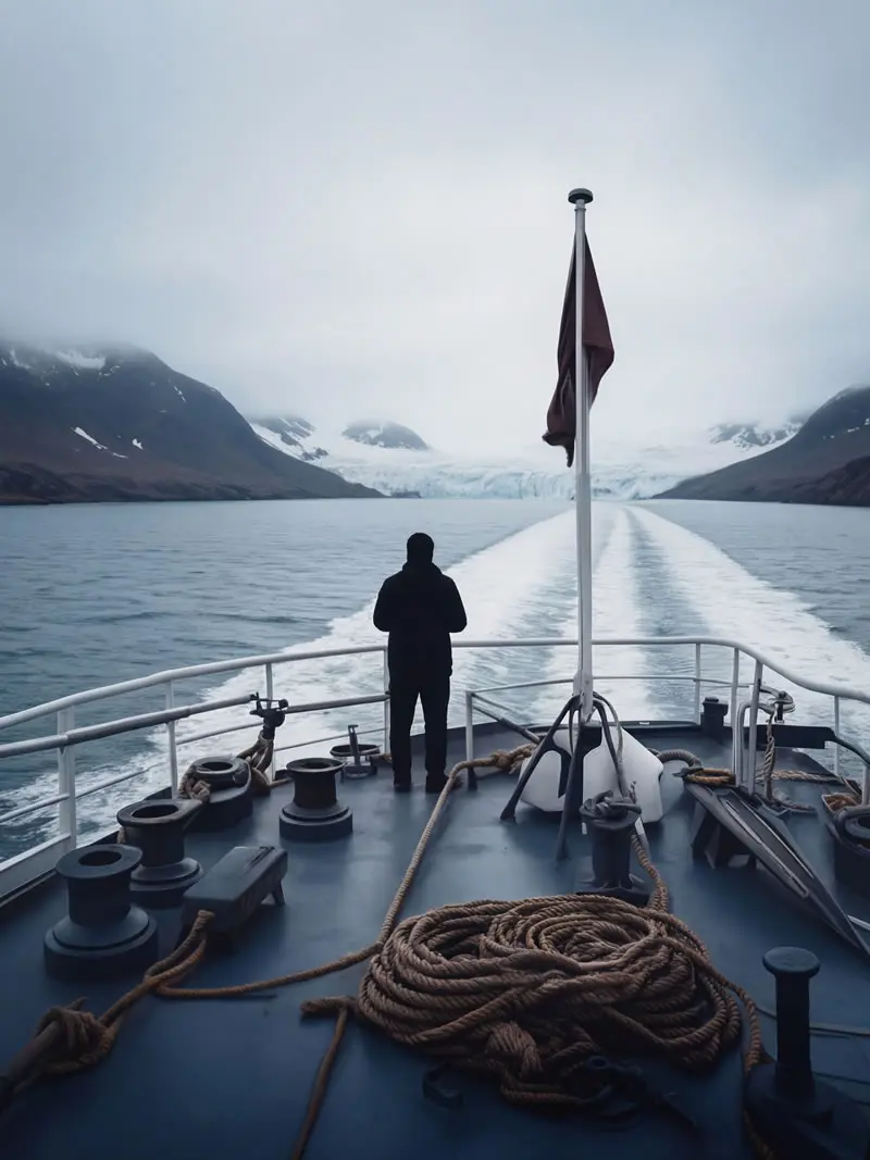 Explorer standing on expedition ship deck sailing toward glacier and mountains in South Georgia, photographed by nature and wildlife photographer Christian Hartmann in the Southern Ocean polar region.