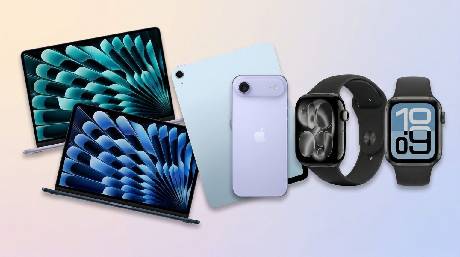 Apple products on rainbow gradient background