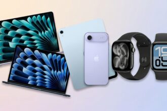 Apple products on rainbow gradient background