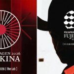 Split image: Left side shows a red, white, and black circular logo for FUJIKINA Copenhagen 2026. Right side has a person in a cowboy hat, partially visible, with the FUJIKINA Warsaw 2026 logo above text.