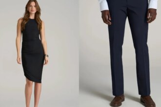 female model wearing a black asymmetrical dress from american tall; male model wearing men's suit pants from american tall