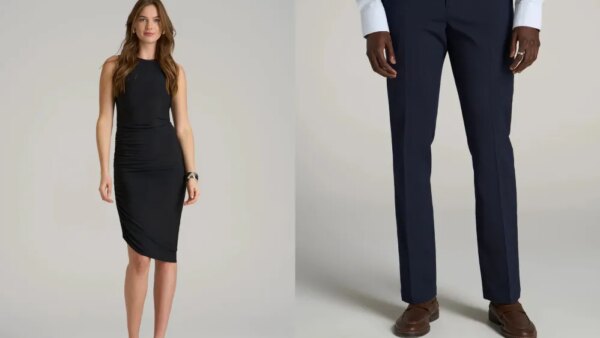 female model wearing a black asymmetrical dress from american tall; male model wearing men's suit pants from american tall