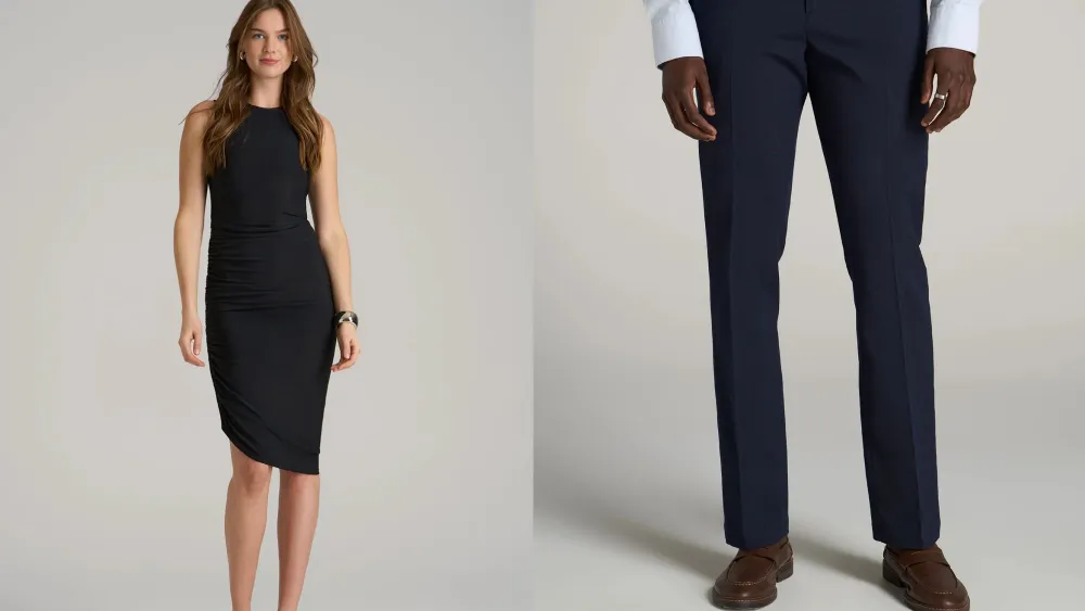 female model wearing a black asymmetrical dress from american tall; male model wearing men's suit pants from american tall